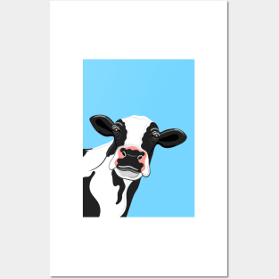 Black & White Cow Portrait on blue Posters and Art